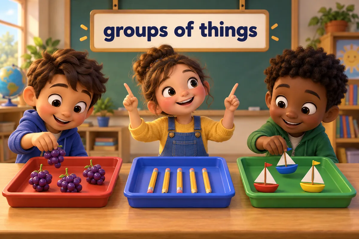 Cartoon children sort classroom objects into tidy labelled groups, illustrating 100 collective nouns for things as single units.