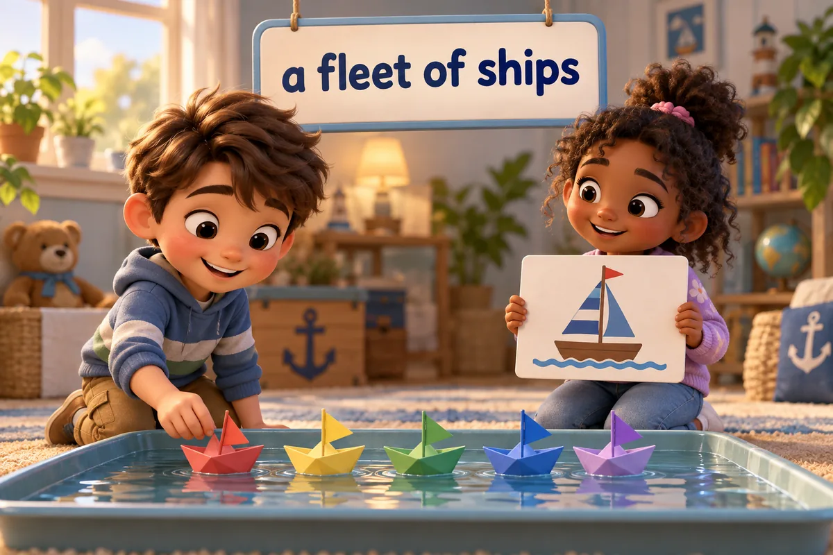 Cartoon children line up paper boats on water beside one large label reading a fleet of ships.
