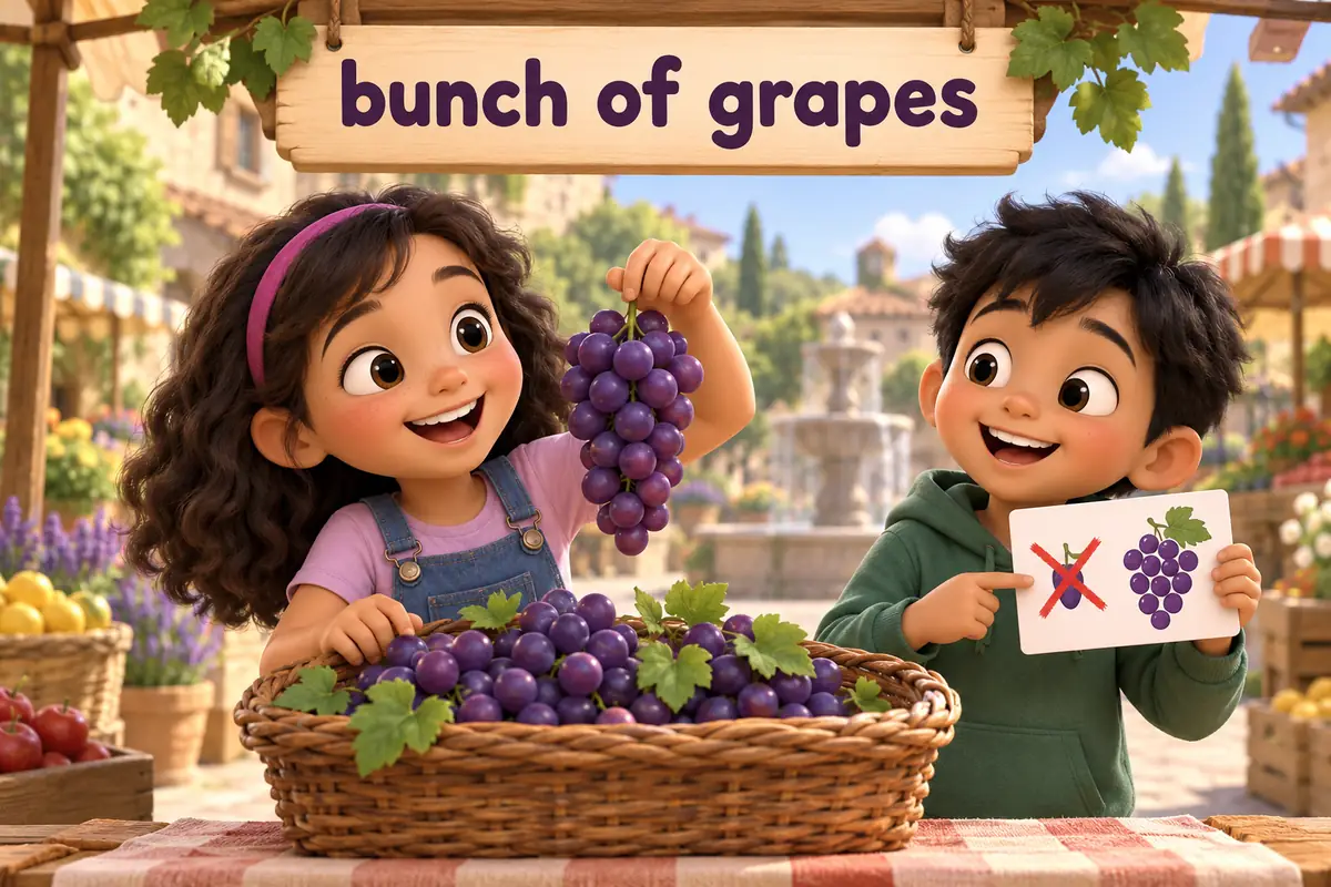 A cartoon child holds a bunch of grapes while a crossed-out card beside her shows an apostrophe added wrongly.