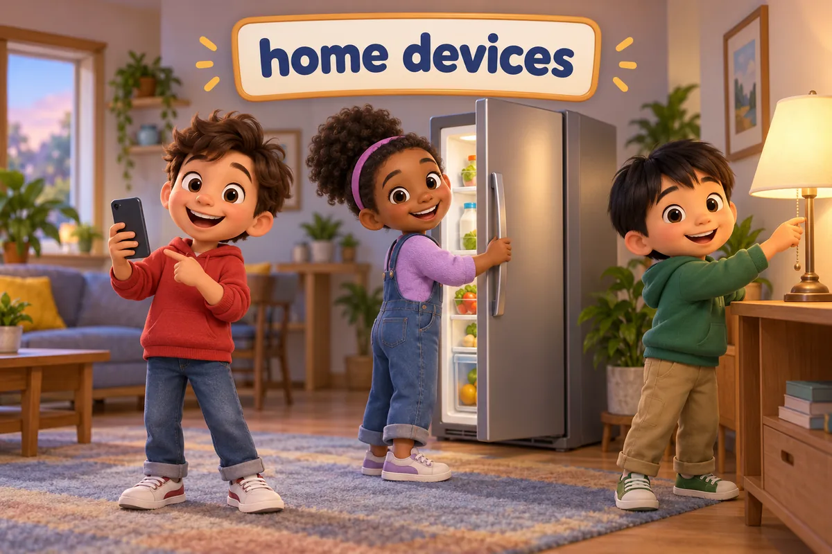 Cartoon children use 100 electronic devices name items around a home, from a phone to a refrigerator, in one bright room.
