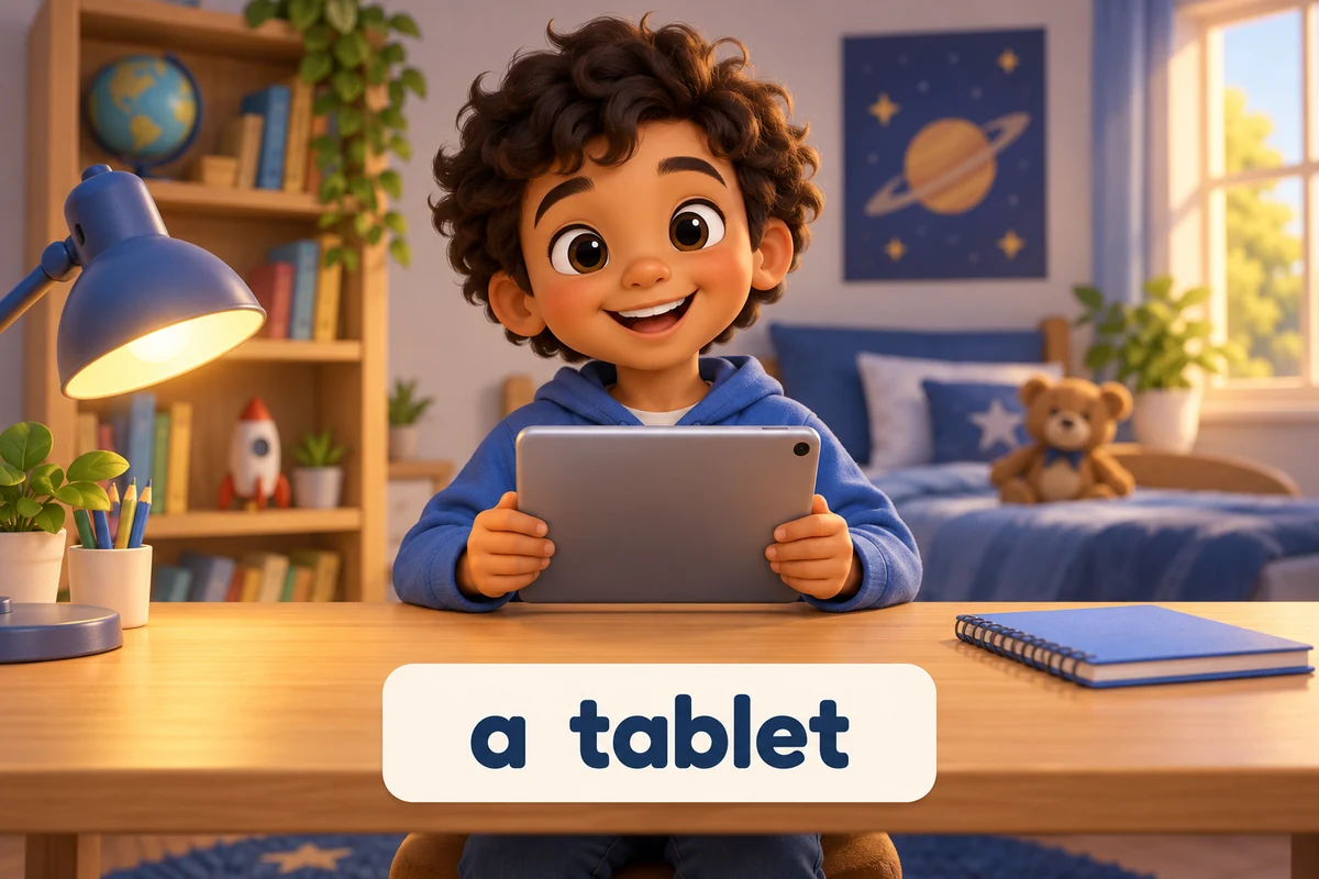 A cartoon child holds a tablet on a desk to show that a singular device name needs an article before it.