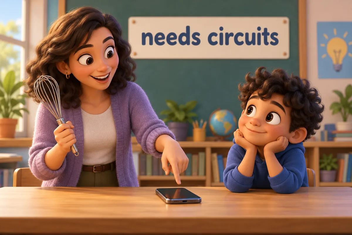 A cartoon teacher compares a phone with a hand whisk and points to the phone as the electronic device.