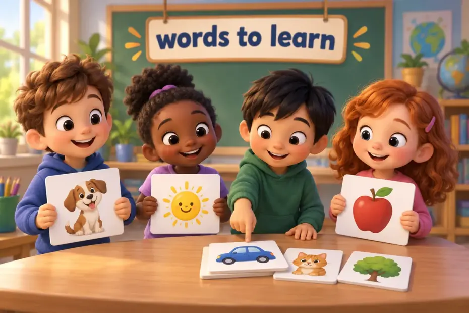 Cartoon children hold word cards in a bright classroom, showing 100 English vocabulary words grouped for daily use.