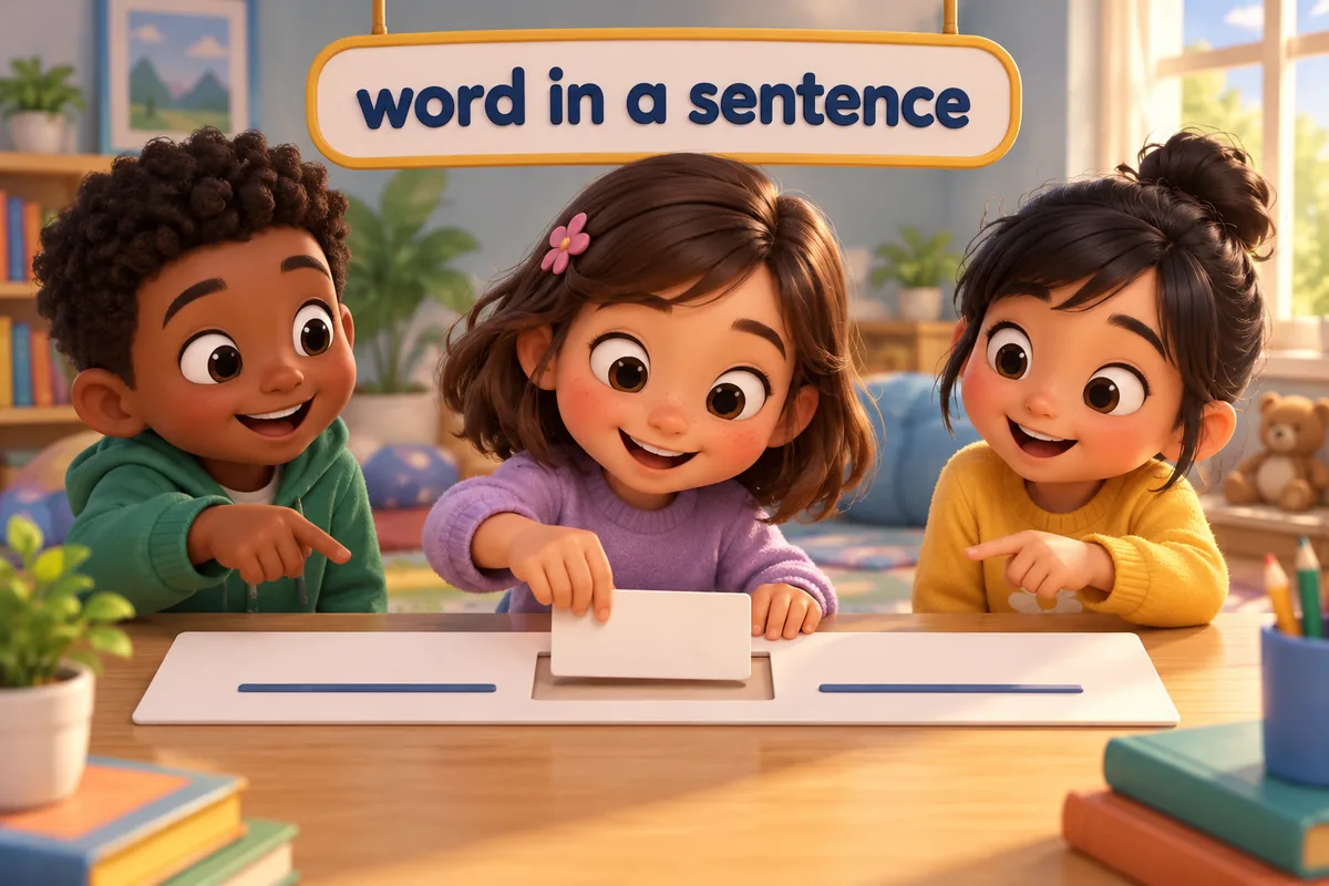 Cartoon children clip a word card into an empty gap inside a giant sentence strip.