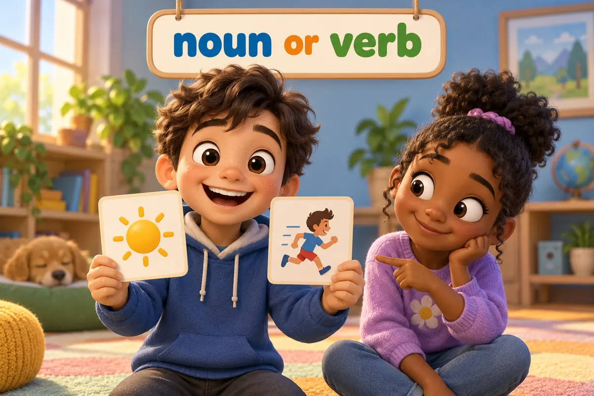 A cartoon child holds up two cards marked with a sun and a running figure while a third card shows a puzzled face.
