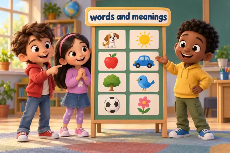 Cartoon children read 100 english words meanings on a large friendly chart with pictures.