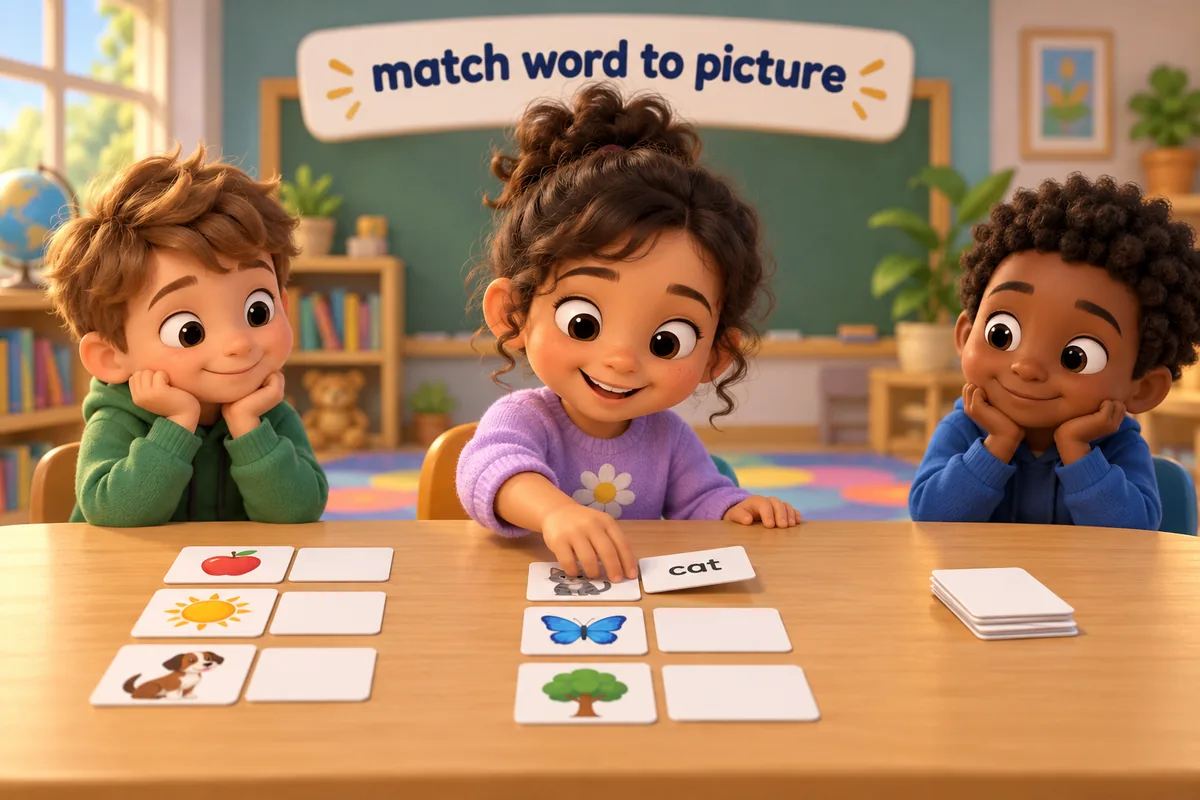 A cartoon child matches word cards to pictures on a classroom table.