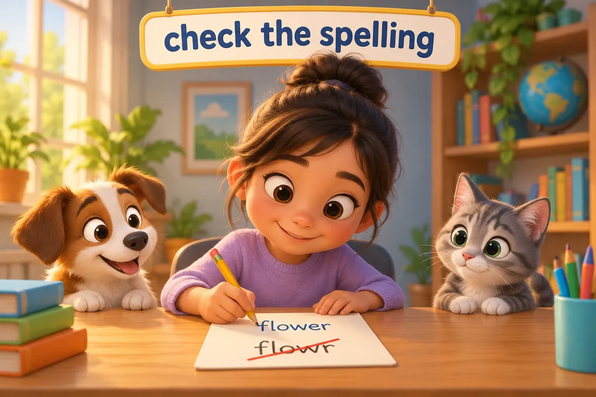 A cartoon child crosses out a misspelled word card and writes the correct one.