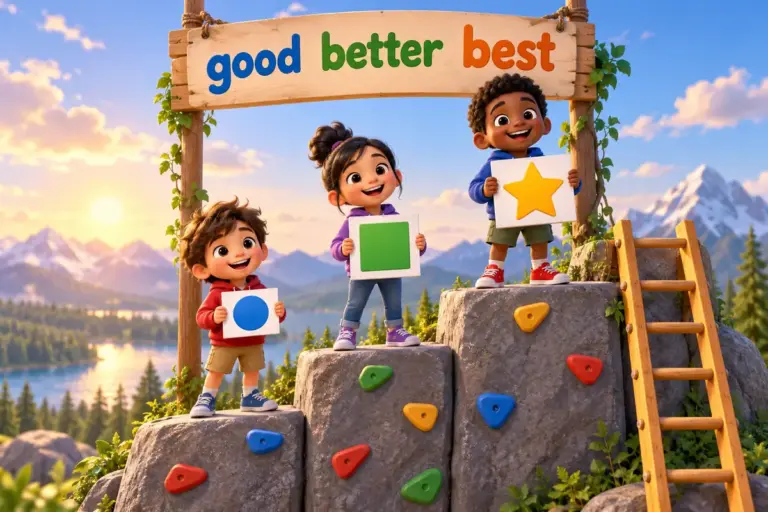 Cartoon children line up 100 examples of irregular adjectives on a climbing board from good to better to best.