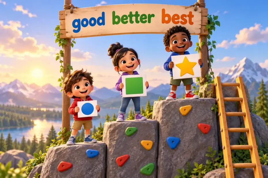 Cartoon children line up 100 examples of irregular adjectives on a climbing board from good to better to best.