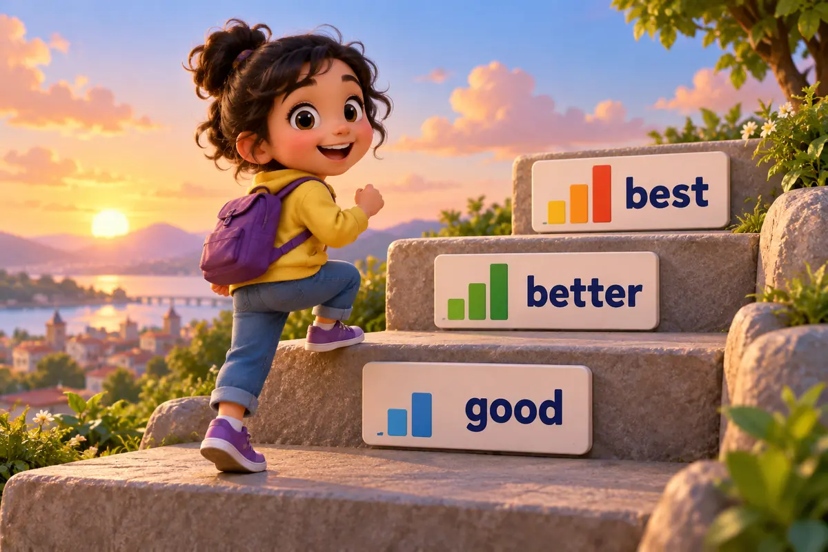 A cartoon child climbs three steps labelled good, better and best to show the rising comparison.