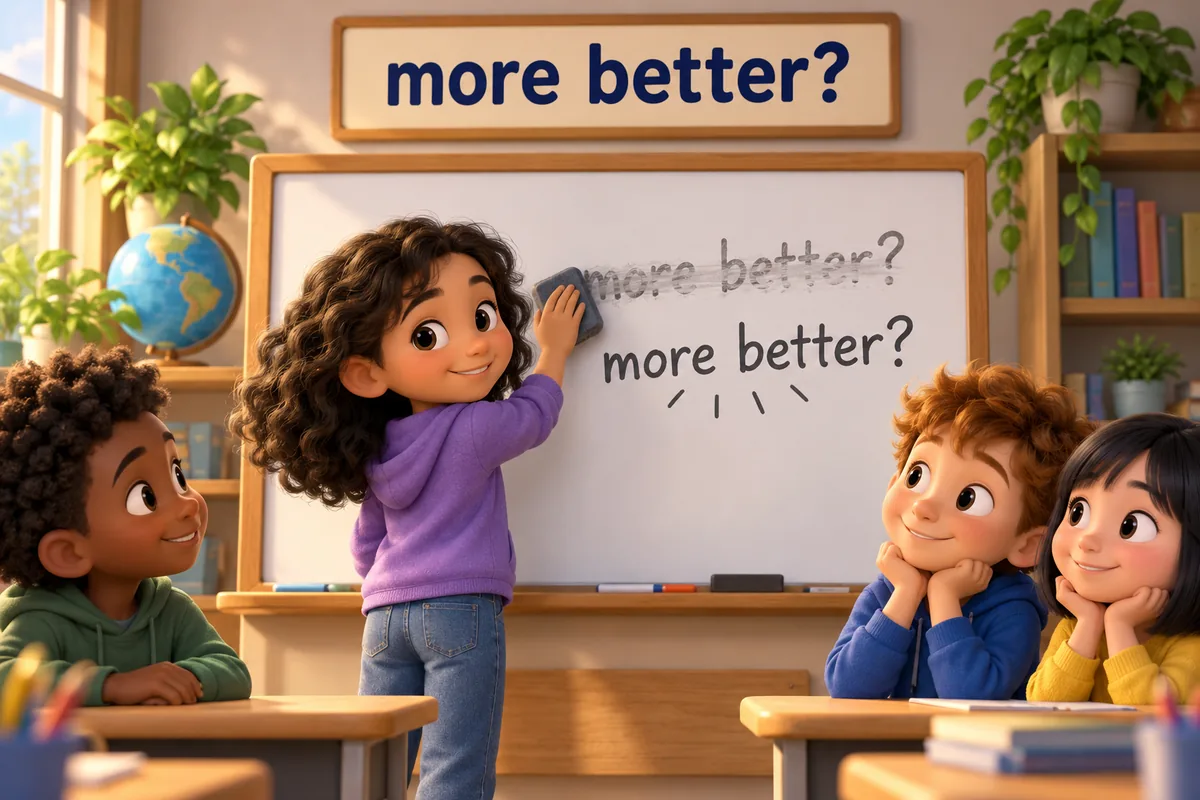 A cartoon pupil corrects a poster that reads more better into the single word better.