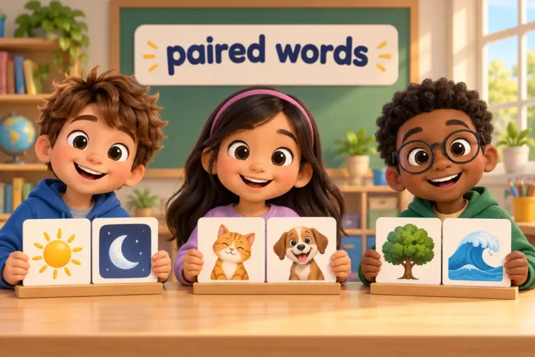 Cartoon children read 100 examples of masculine and feminine words on paired cards.