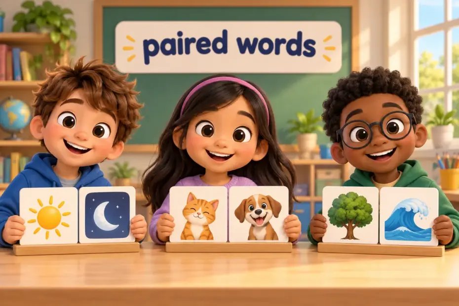 Cartoon children read 100 examples of masculine and feminine words on paired cards.