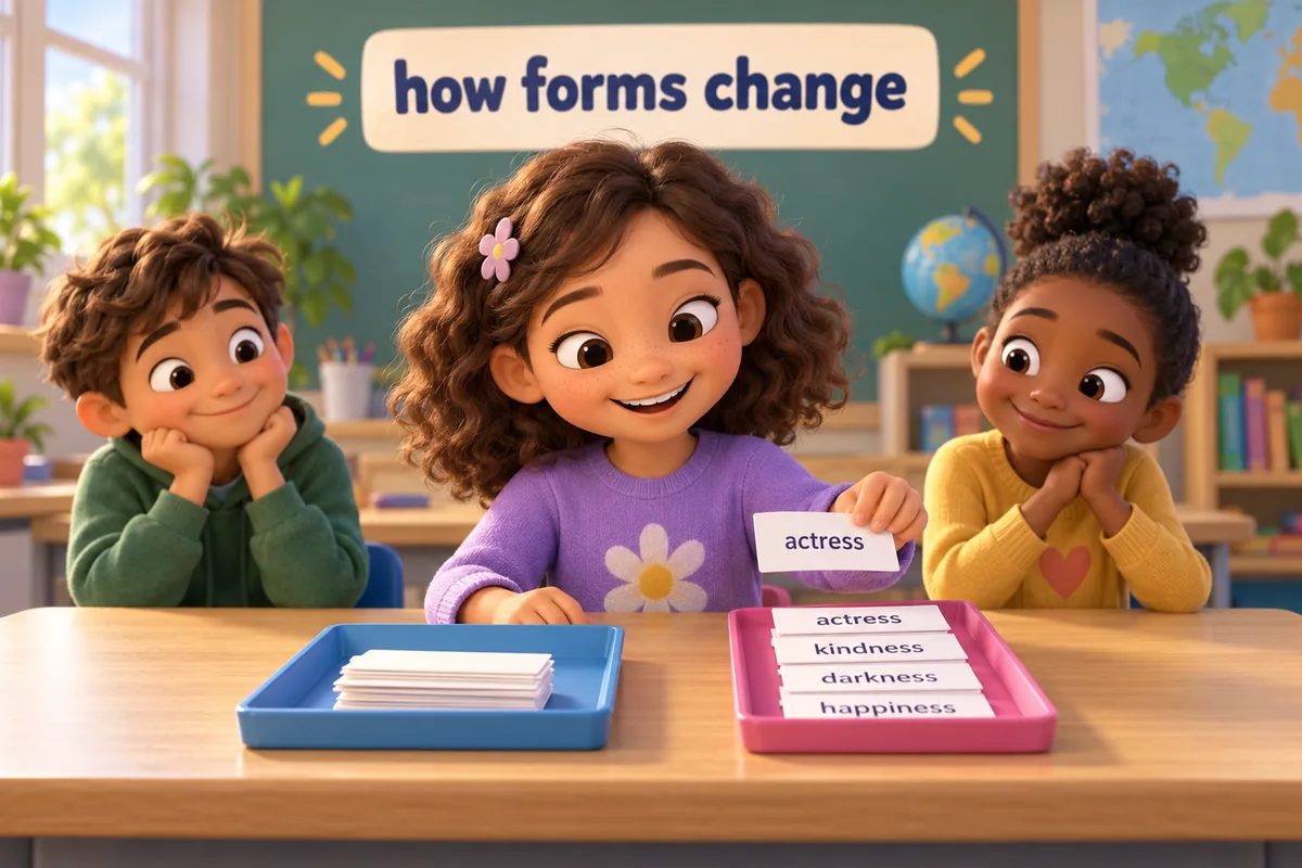 A cartoon child sorts word cards into a masculine pile and a feminine pile on a desk.