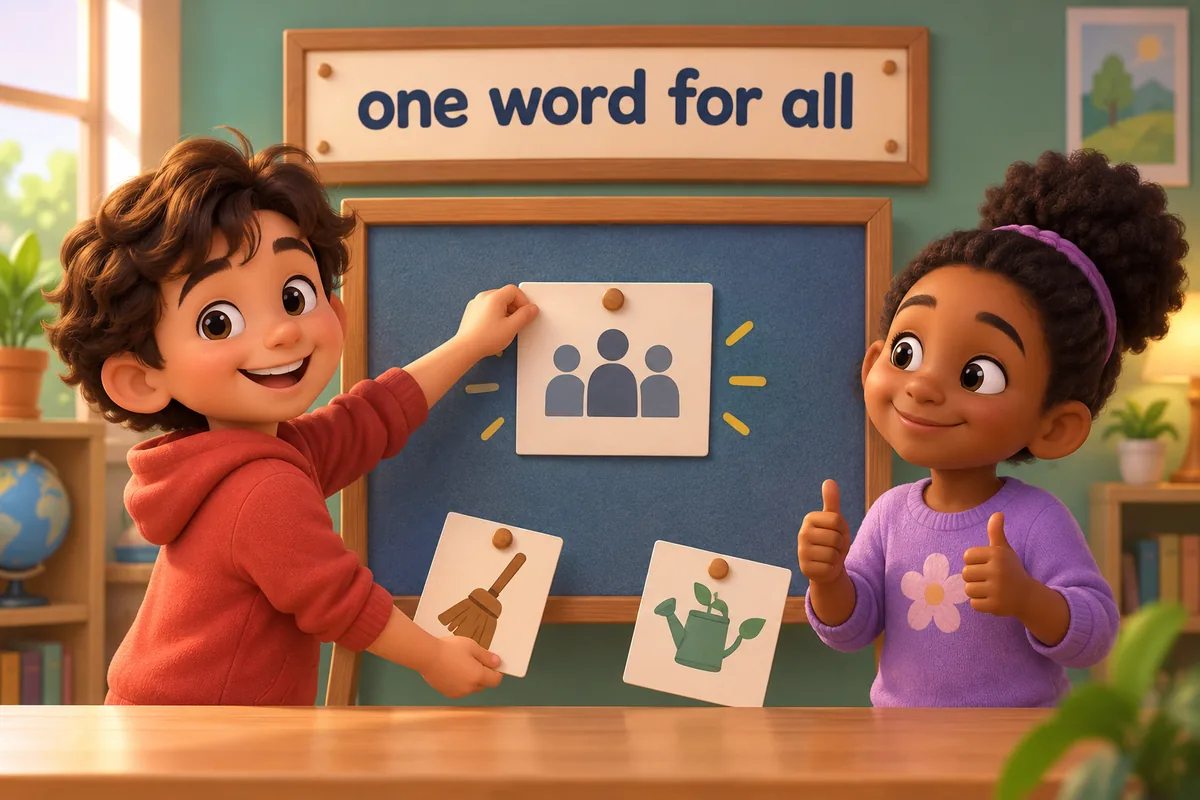 A cartoon child replaces a gender-specific job card with a neutral one like firefighter.