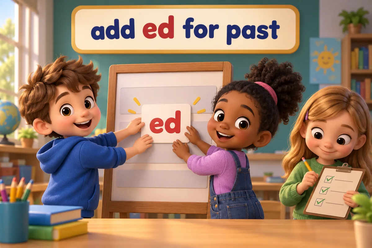 Cartoon children stamp an ed card onto a verb board, illustrating 100 examples of regular verbs and their past tense.