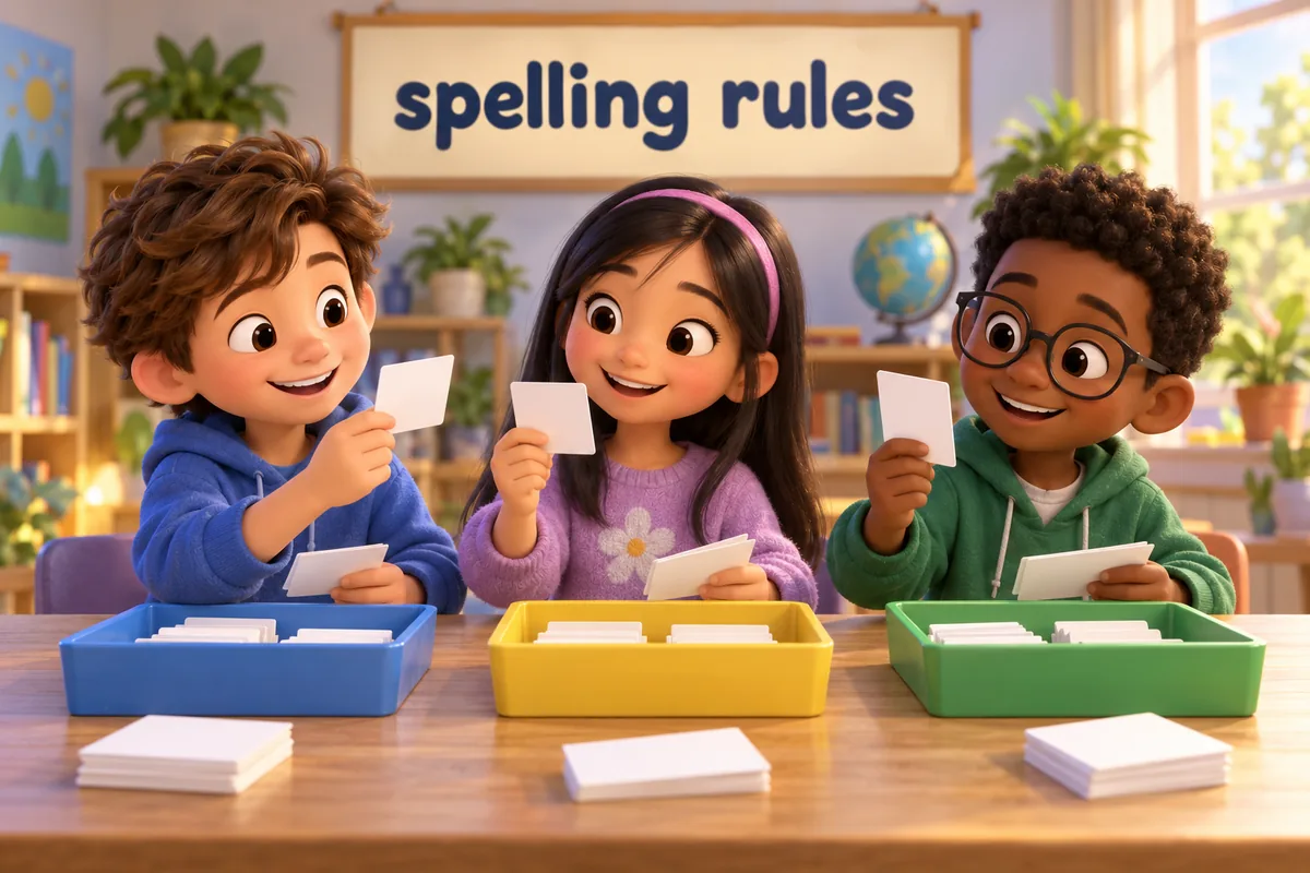 Cartoon children sort verb cards beside three trays labelled for the e, y and double-consonant rules.
