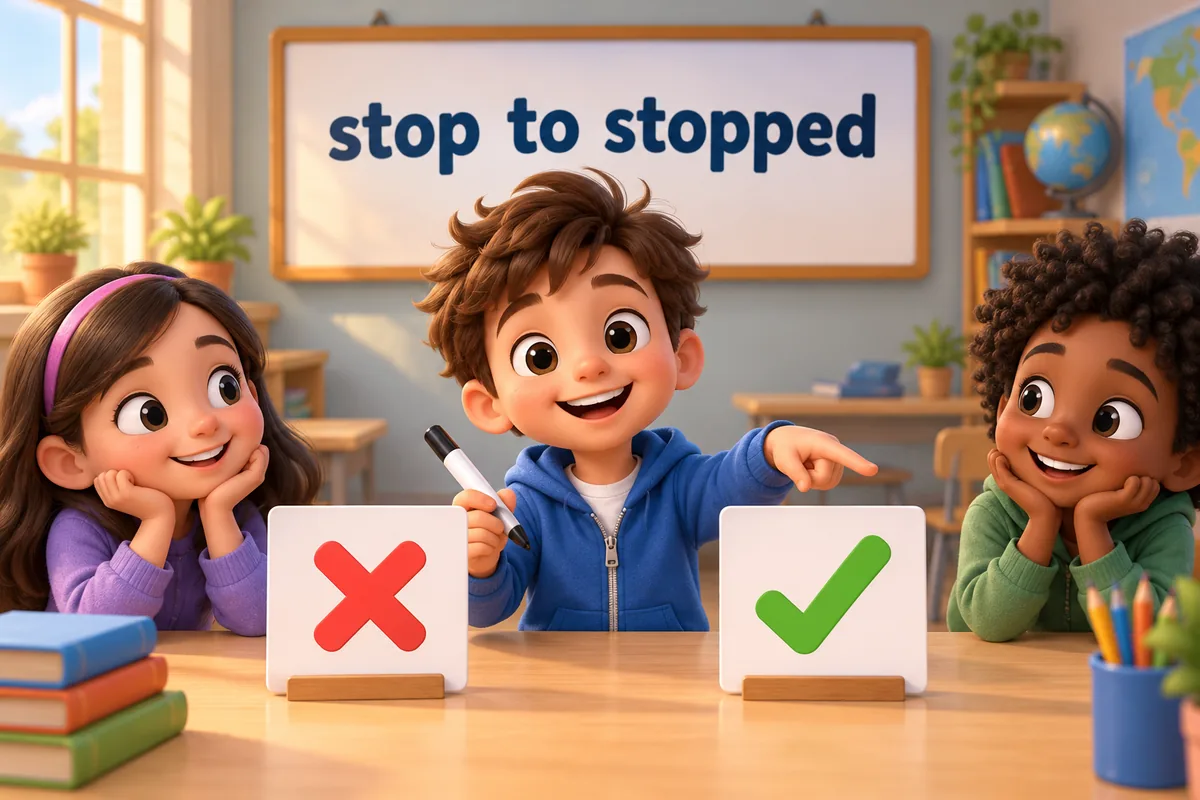 A cartoon child crosses out a wrongly doubled letter on a whiteboard and writes the corrected past form.