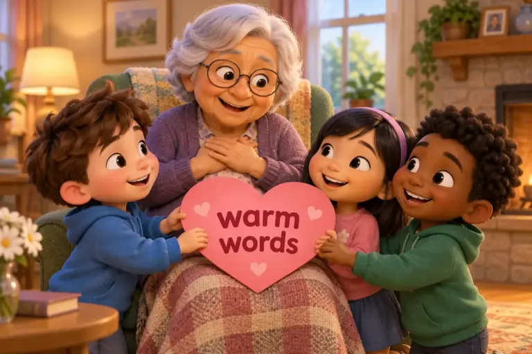 Cartoon friends share 100 loving words to describe someone you love on heart-shaped cards.