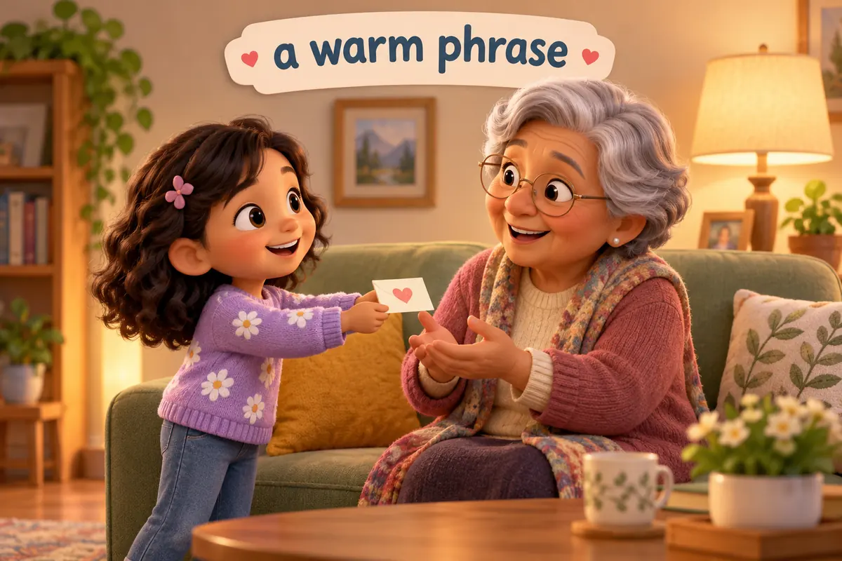 A cartoon child hands a warm note to a grandparent on a sofa.