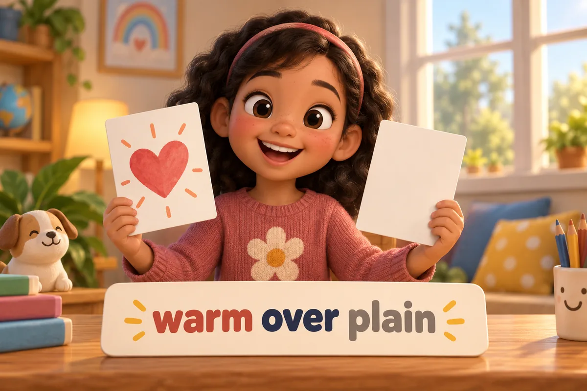 A cartoon child picks between a warm card and a plain card on a table.