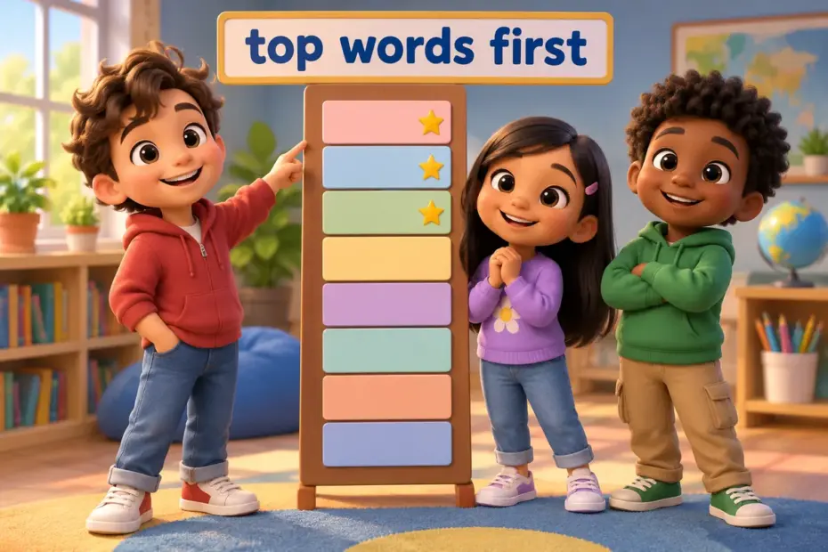 Cartoon children rank 100 most used english words meanings on a tall chart of numbers.