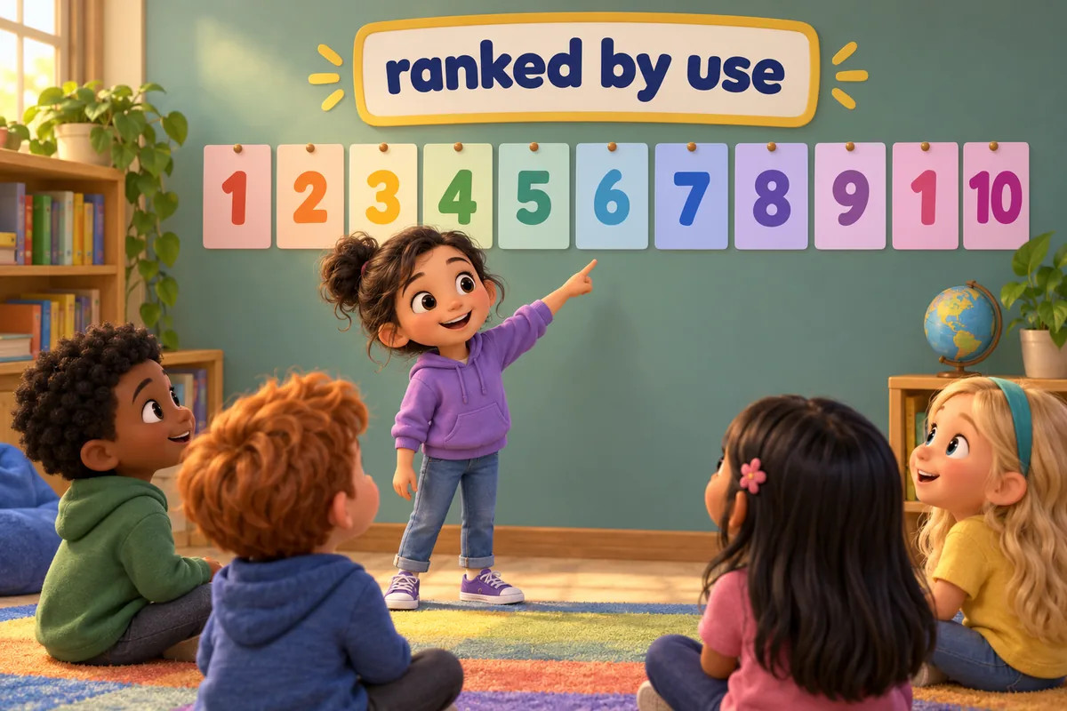 A cartoon child points at word cards ranked in order along a classroom wall.