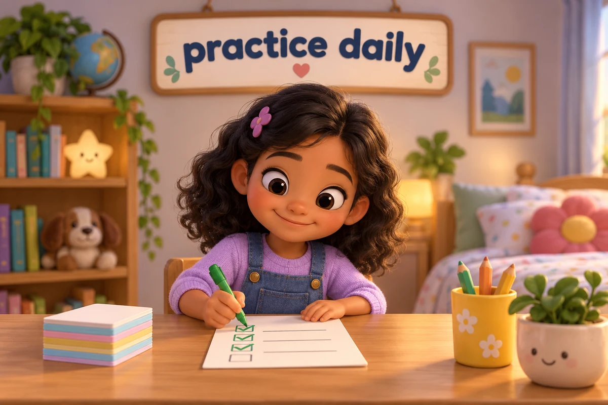 A cartoon child practises the top words at a small desk with a checklist.