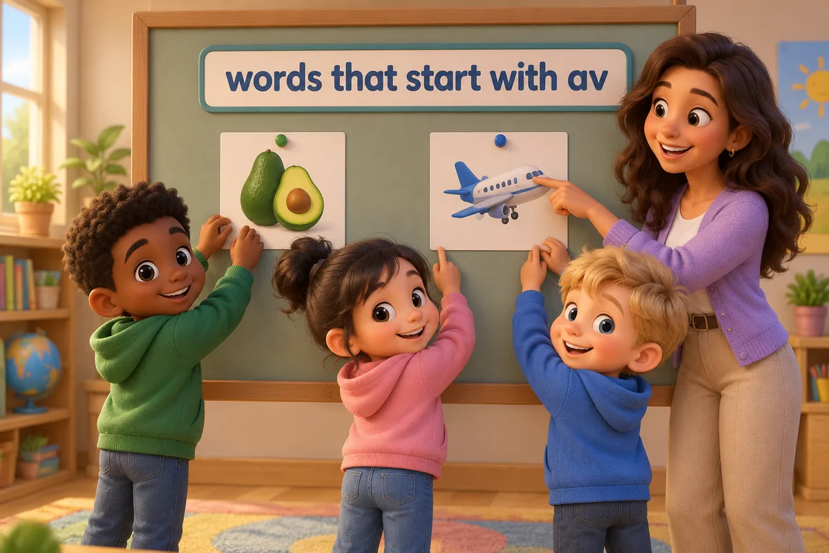 Cartoon pupils build a word wall of 100 nouns that start with av, from avocado and avenue to avalanche.