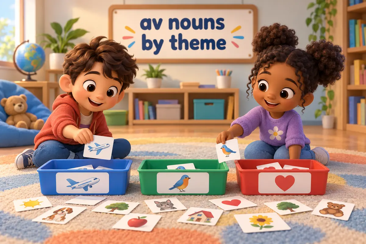 Cartoon children sort word cards by meaning, placing a plane card with travel and a bird card with wildlife.
