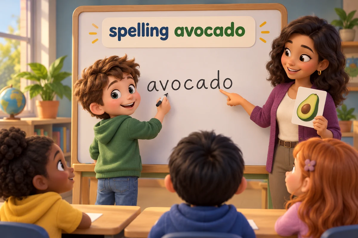 A cartoon child writes the word avocado with a wavy red underline while a teacher points to the correct spelling.