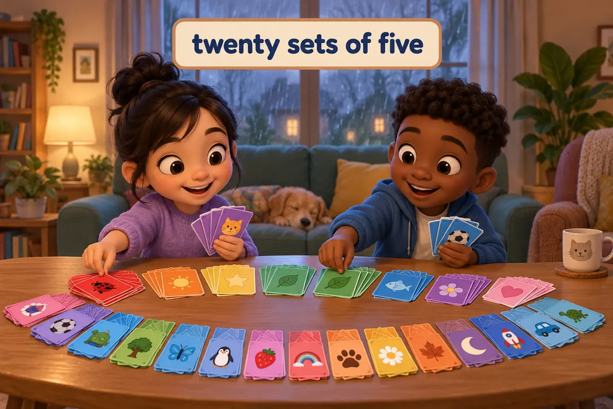 Cartoon children pick from 100 rainy day activities for kids shown as picture cards on a rainy window day.
