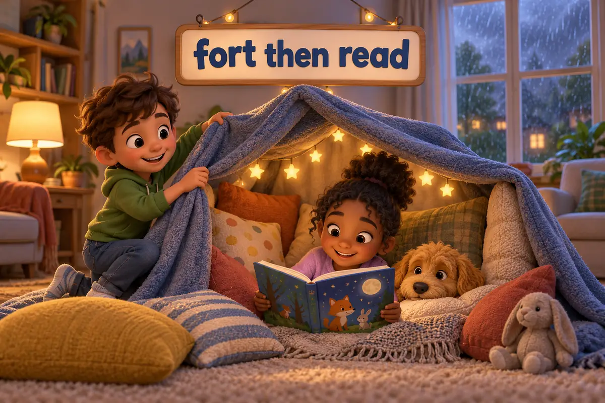 Cartoon children build a pillow fort and read inside it on a rainy day.