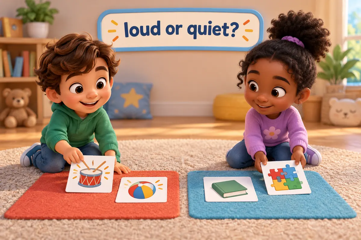 Cartoon children sort rainy day activity cards into loud and quiet groups.