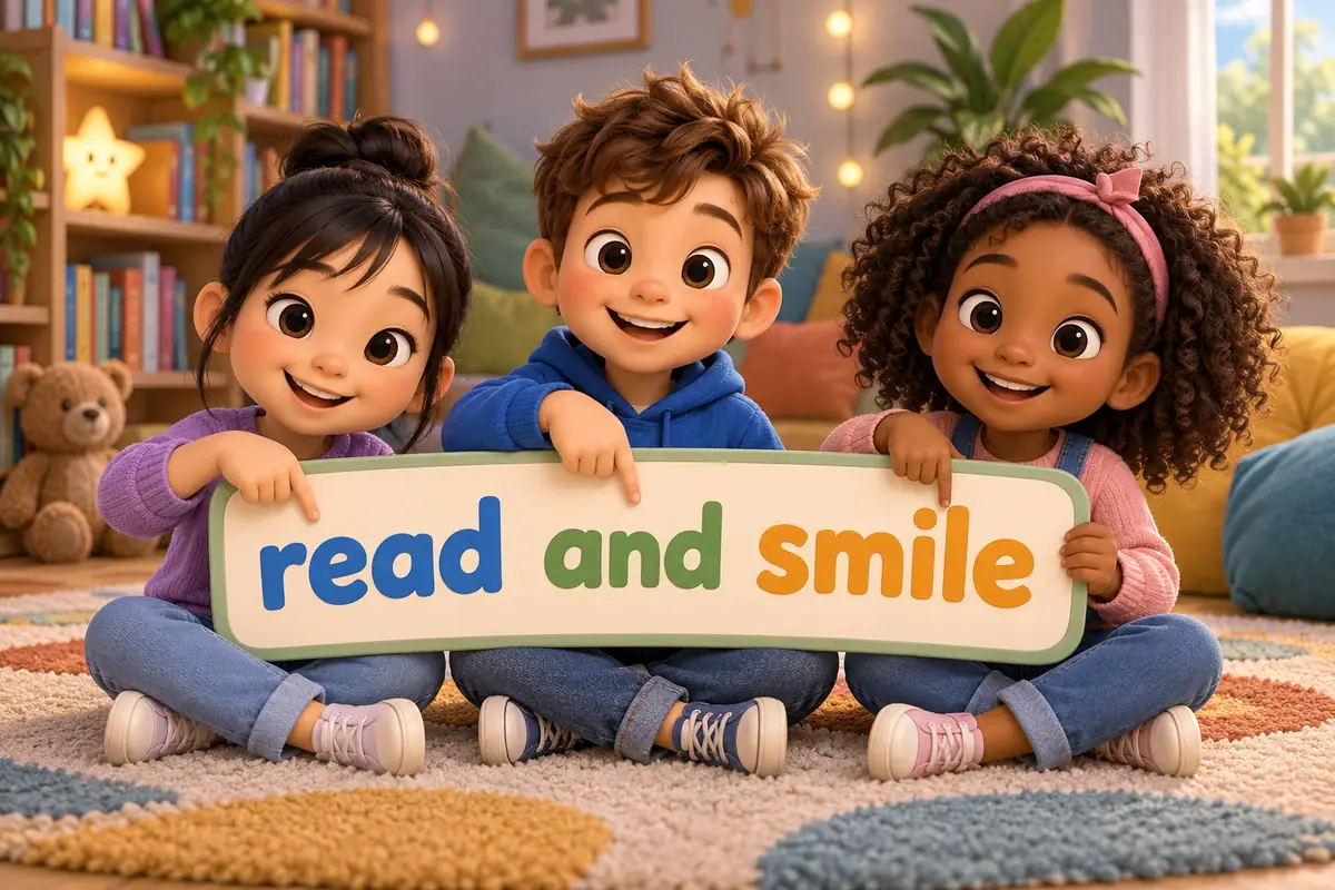 Cartoon children read short practice lines from cards, showing 100 reading sentences for kids grouped by level.