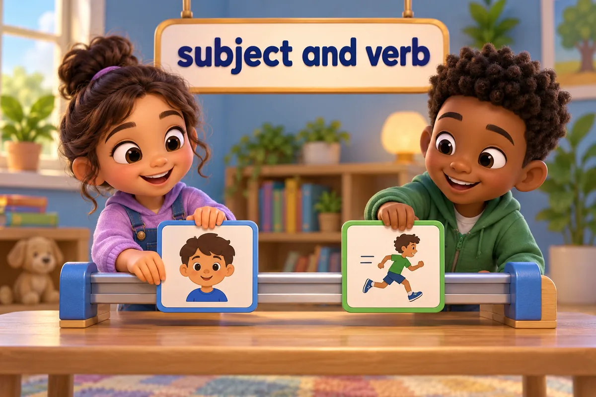 Cartoon children arrange two word cards into a subject and a verb to build a reading line.