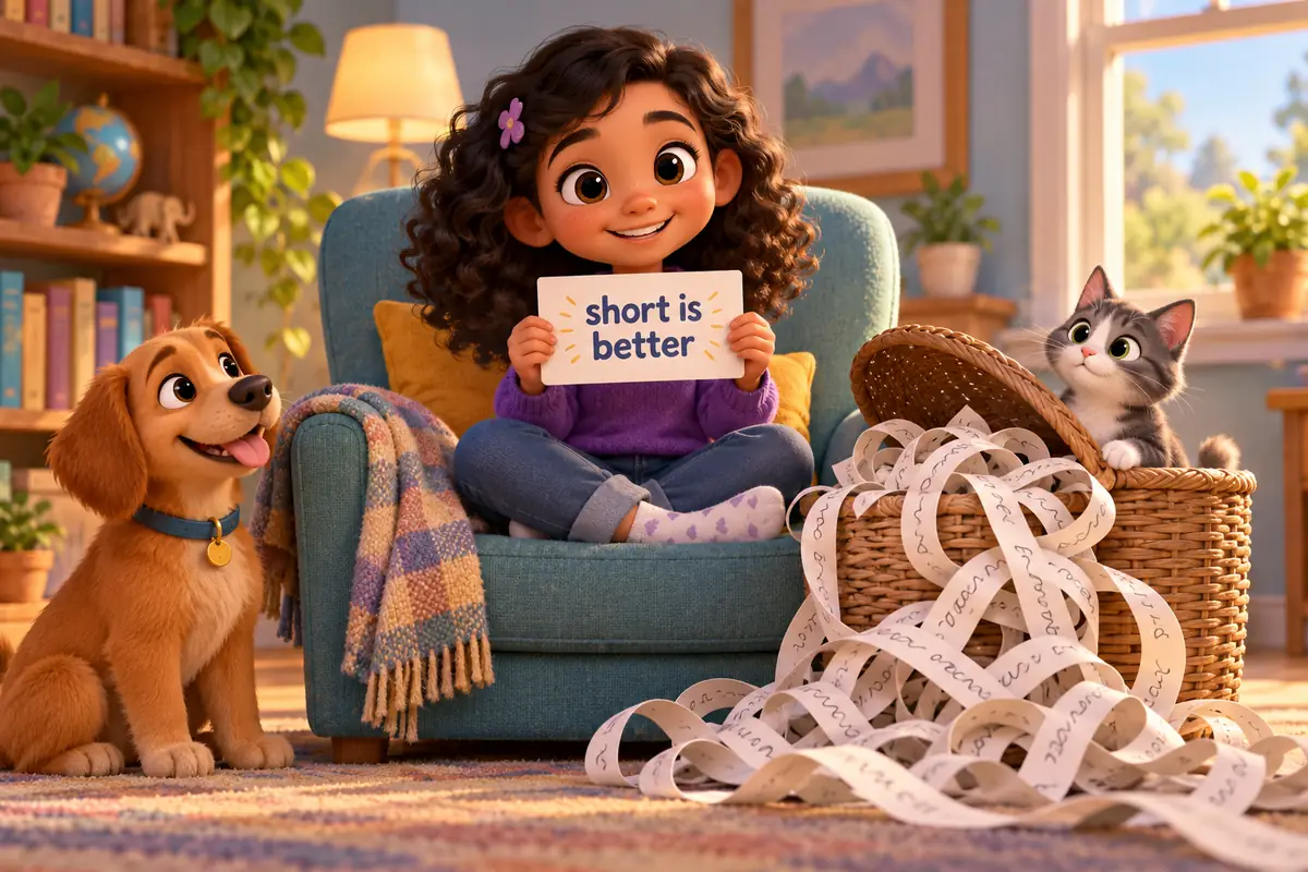 A cartoon child holds one short card happily while a long tangled card coils out of a basket nearby.