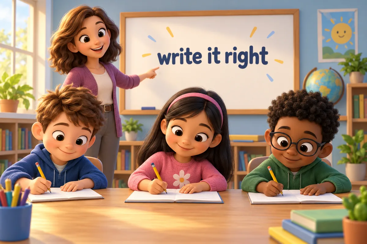 Cartoon third graders copy graded sentences onto paper, showing 100 sentences for grade 3 with PDF practice.