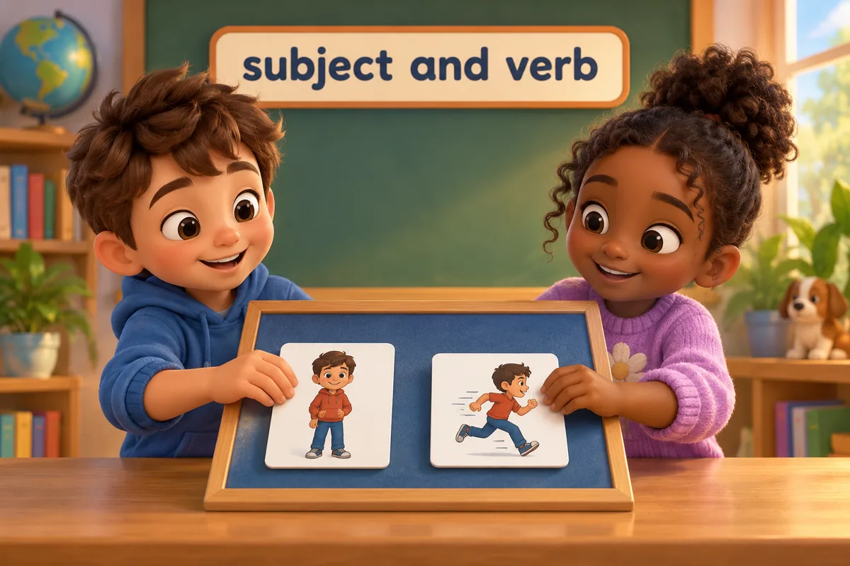 Cartoon children place a subject card and a matching verb card on a board until the pair agrees.