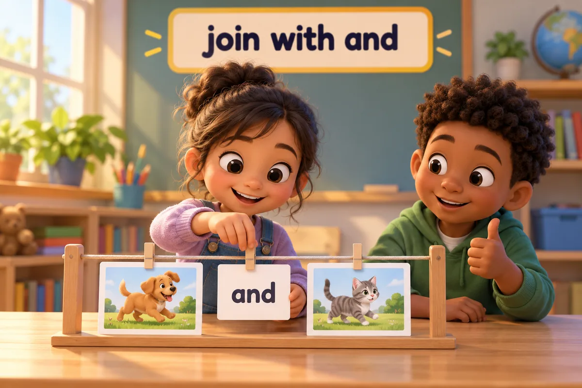 A cartoon child repairs a run-on by clipping a joining word between two sentence cards.