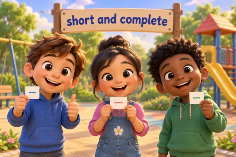 Cartoon children hold tiny sentence cards such as Go and Birds sing, showing 100 shortest English sentences with PDF practice.