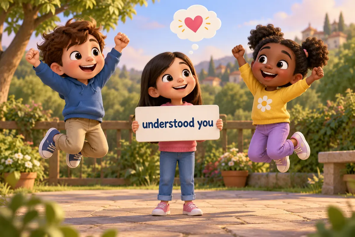 Cartoon children follow a one-word command card while a faint you card floats above them.