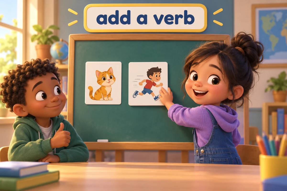 A cartoon child adds a verb card to a lonely noun card so the pair becomes a sentence.