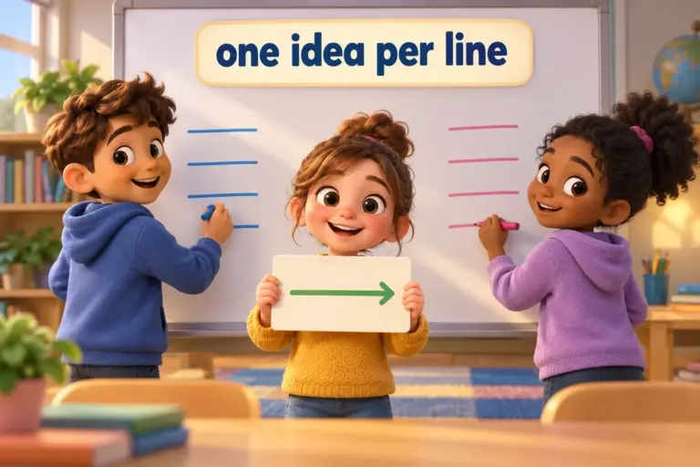Cartoon children write short single-clause examples on a board, showing 100 simple sentences built on one idea each.