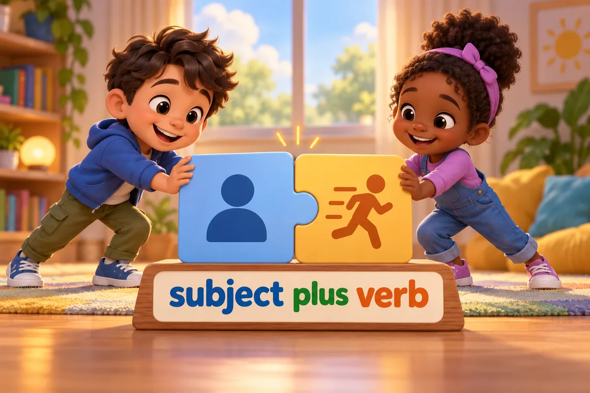 Cartoon children snap a subject card and a verb card together to form one clause.