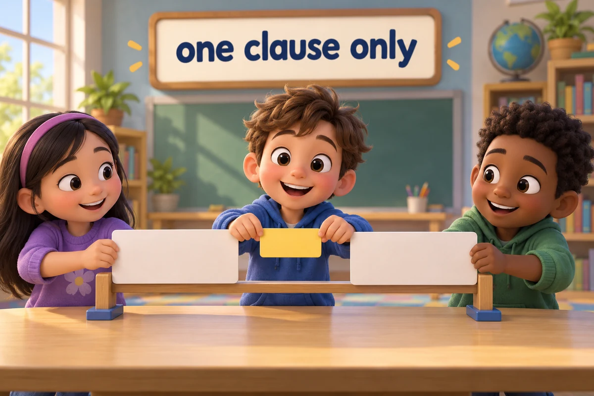 A cartoon child separates two crowded clause cards and clips a joining word between them.