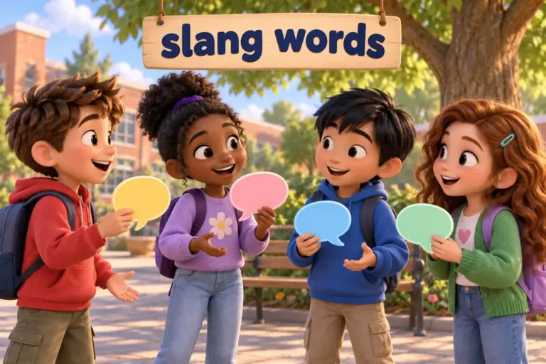Cartoon friends trade 100 slang words with meanings in speech bubbles in a cheerful schoolyard.