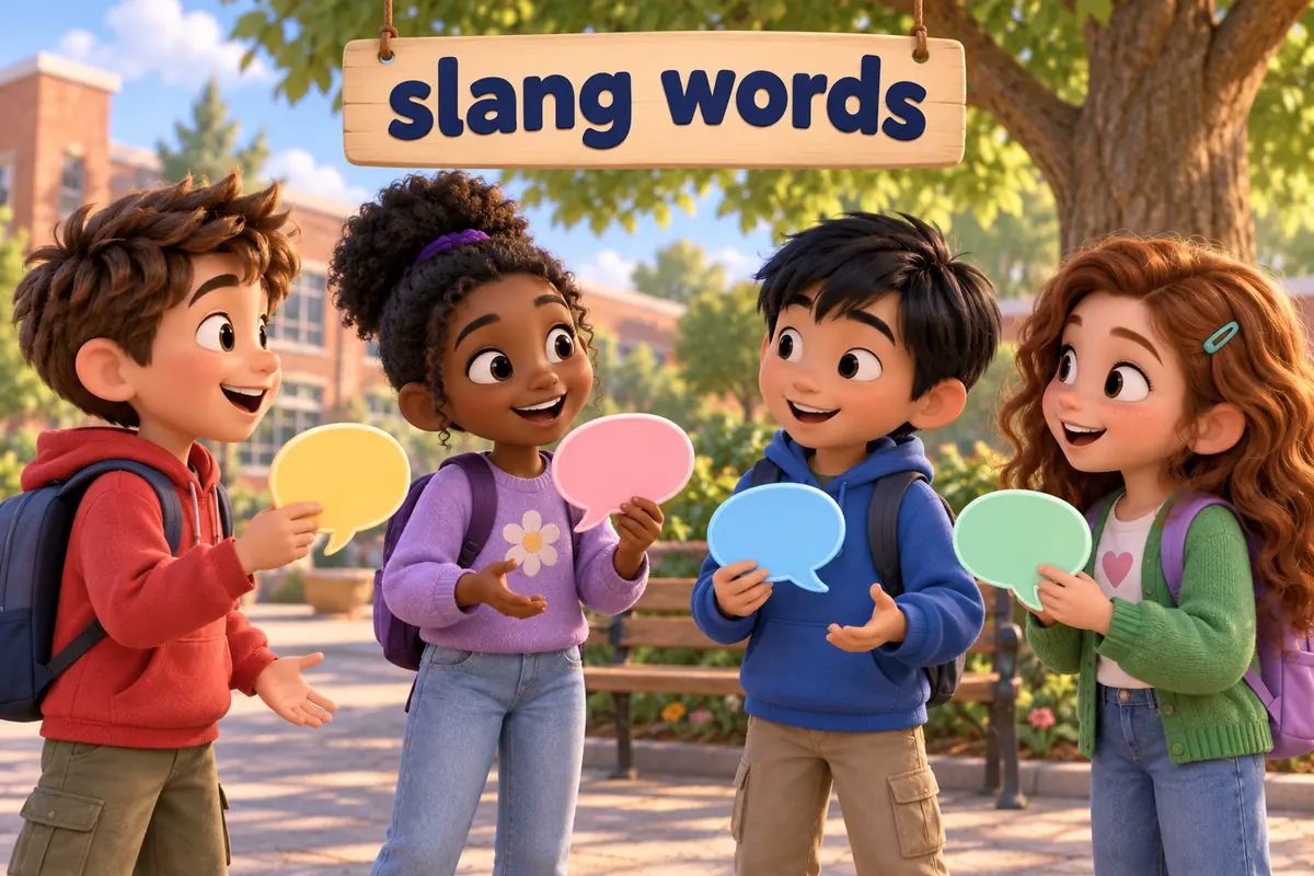 Cartoon friends trade 100 slang words with meanings in speech bubbles in a cheerful schoolyard.