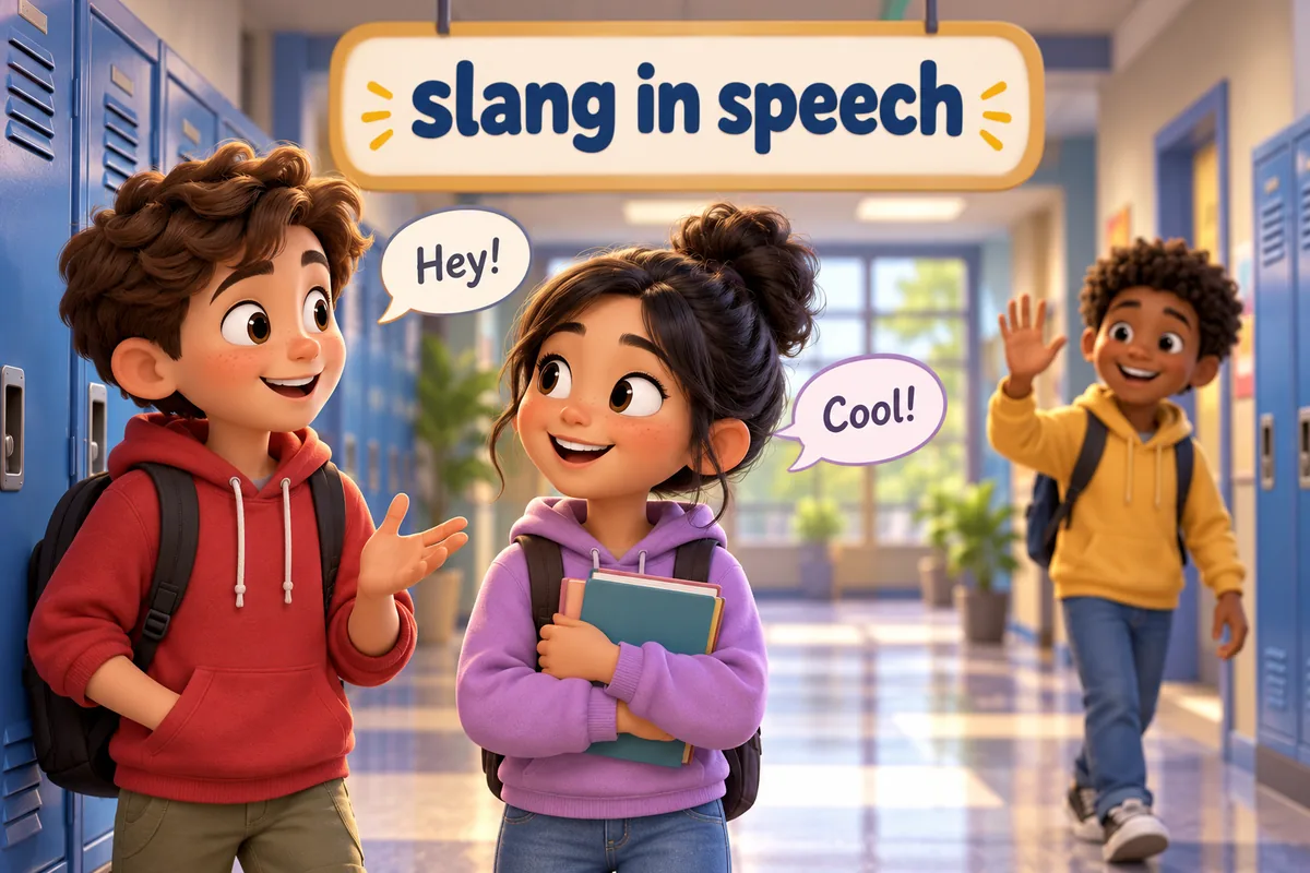 Cartoon children chat in a schoolyard using short slang words in speech bubbles.